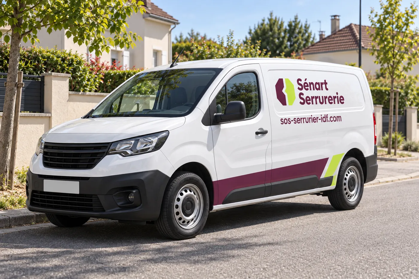 Camionnette Sénart Serrurerie garée dans une rue pavillonnaire de l'Essonne