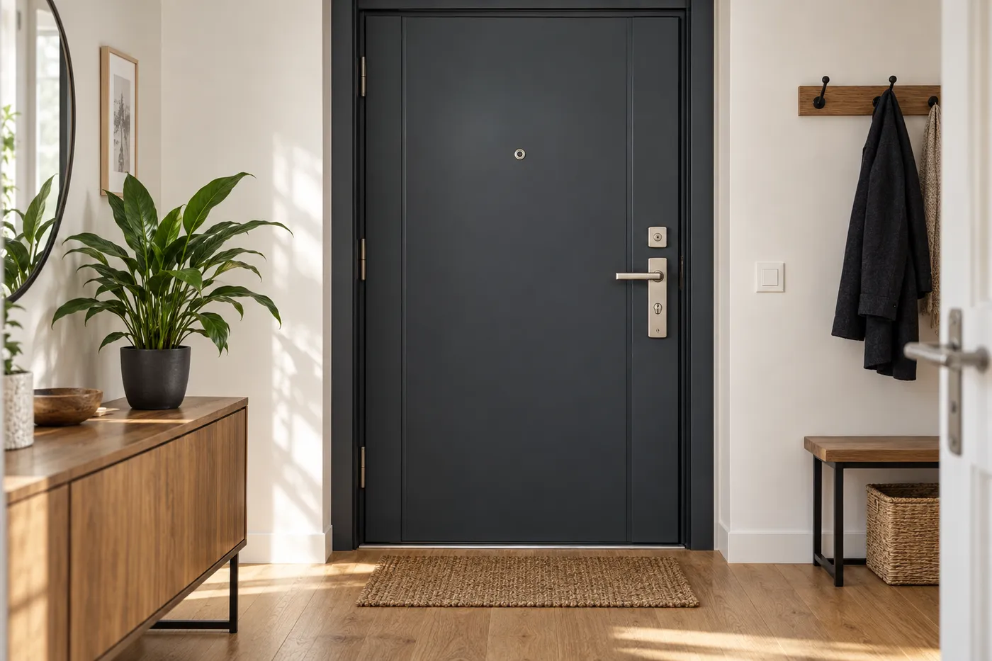 Porte blindée gris anthracite installée dans l'entrée lumineuse d'un appartement