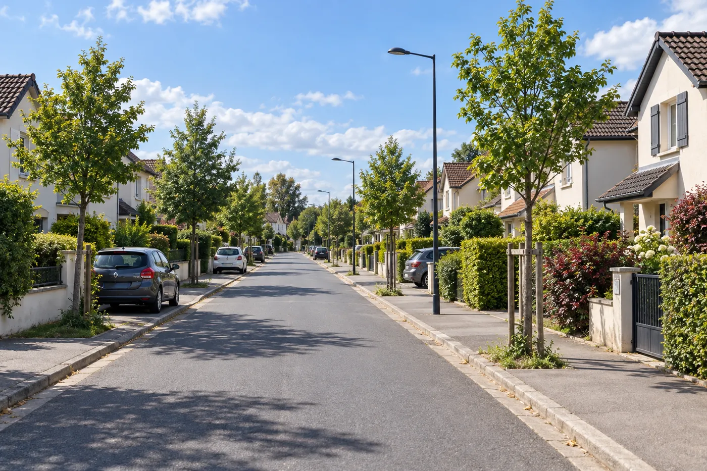 Rue pavillonnaire ensoleillée bordée de maisons et de jeunes arbres en Essonne